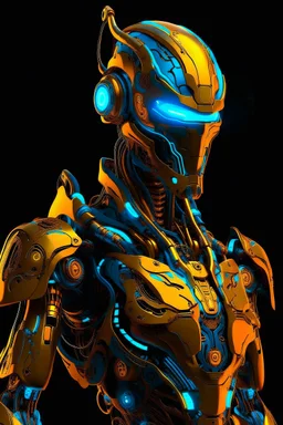 "A futuristic cybernetic humanoid figure with intricate metallic details, a knife embedded in its neck, glowing neon blue and gold accents, and glowing orange eyes. The design features symmetrical mechanical patterns, pipes, and gears that give it a highly detailed and vibrant sci-fi aesthetic. The humanoid figure appears powerful, with a sleek faceplate and chest armor that resemble advanced robotics. The background is a solid black to enhance the glowing elements."