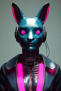 Medium Close Up Portrait, Front image. cyberpunk, rabbit mask, Latin woman, pink short hair. latex, glossy suit. Pink, black, blue, color. Retro futuristic style. Color background, photo studio. Avatar image, highly detailed, concept art, smooth, unreal engine 5, god rays, ray tracing, RTX, lumen lighting, ultra detail, volumetric lighting, 3d, finely drawn, high definition, high resolution.