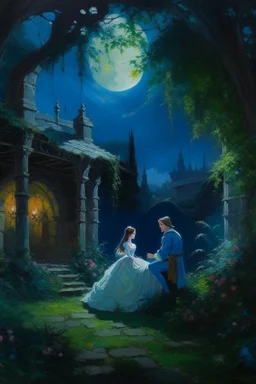 Oil painting A secret meeting between a princess and a prince in an abandoned garden in an abandoned palace under the moonlight