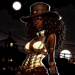 Bad ass curly haired dark skinned girl with a hat at night in Steampunk manga style
