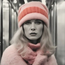 Monica vitti, in the metro in the style of a polaroid,, white, pink,orange, red, with a knitted hat