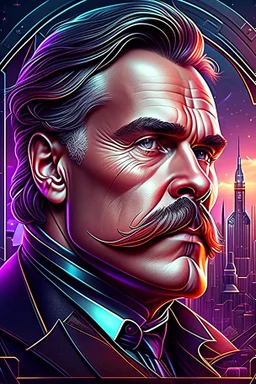 Best quality, masterpiece, ultra high definition,Futuristic, cyberpunk, Friedrich Nietzsche,Comic style