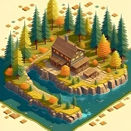 crea un paisaje realista de una cabaña en la montaña, con un lago y arboles, clima otoñal, vista aérea