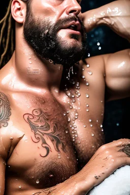 fullbody photography of two serious wet dirty muscular chubby sweaty 37 years old strong gypsy carpenters under open shower, kissing embraced , big bulge, manly chest, tattoo, dreadlocks, photorealistic, 32k, misery, poverty, angry eyes, low dim lights, profile view