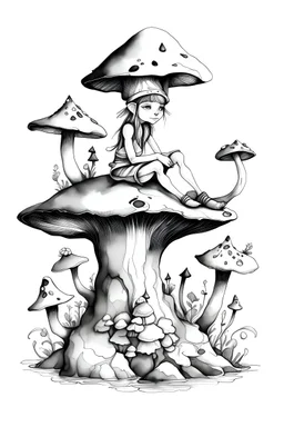 Watercolor black and white elf seated on a mushroom