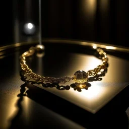 A gold necklace shines on a glass table