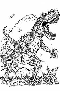 A coloring page, white background llustrate a victorious T-Rex standing triumphantly over a defeated rival, roaring triumphantly to assert its dominance and claim ownership of the territory ink drawing clipart, simple line illustrations, colored