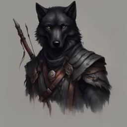 dnd, portrait of black wolf-human with bow