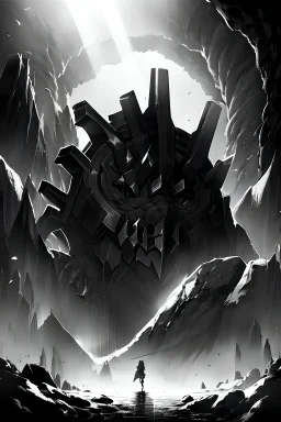 A beam shines in the middle of an immense and dark cave, greyscale