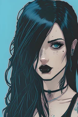 Realistic comic book style, Gorgeous, elegant, cute young gothic goddess, many freckles, button nose, very long black hair, very messy hair, braided black hair, white streaks in hair, full lips, black lipstick, dark makeup, glowing aquamarine eyes, nose piercing, eyebrow piercing, multiple ear piercings, wearing a hooded black sleeveless tank top, bright white tattoos, Nordic, digital art, masterpiece, trending on artstation, full body