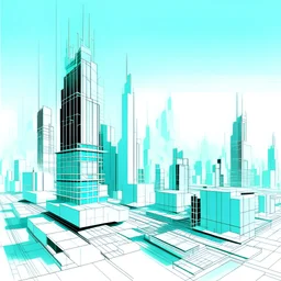 Digital illustration by Frank Miller of a minimalist and digital city, colors are white, light blue and light green.