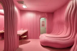 an indoor amusement park attraction, a single room lined with bumpy, wavy walls made of soft pink foam, the walls undulate and warble as a novelty, a room where the walls are always moving