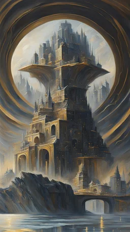 oil painting of a city of gold That lies in the deep distance