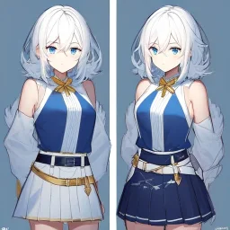 Clear focus, High resolution, rough line sketch art, short fluffy white hair, hair between eyes, fluffy hair, blue eyes, wearing a sleeveless shirt, wearing a a pleated skirt , detailed outfit, lots of details, bow on belt, white belt, white and blue everywhere on outfit, cut sleeve, yellow chains around outfit, concept art