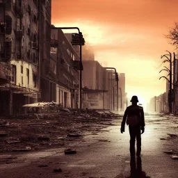 lone man walking down an abandoned city street, sunset, dystopian, post-apocalyptic, judge dredd