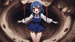 Anime girl with big eyes, darkblue and sepia tones, fullbody, slime, the perspective looking up from the bottom of an empty well, rolling eyes, tongue out, blood drip, open mouth,