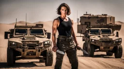 beautiful caucasian female technician, black tank top, well toned muscles, weathered face, scratched sand camo metal details, short brunette wavy bob haircut, dystopian, desert scene, pulling a knife