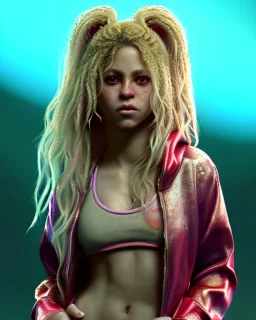 portrait, Shakira, blonde artist, angry, Realistic image, boxing robe, hoodie, mouthguard. loose long hair, eyes make up, perfect, glow, circle iris. Neon colors, leds, geometric shapes. Dark background, photo studio, neon lights. concept art, smooth, unreal engine 5, god lights, ray tracing, RTX, lumen lighting, ultra detail, volumetric lighting, 3d, finely drawn, high definition, 4k.