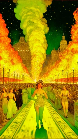 Track of oil with runners made of lights, in the background the crowd is burning, in the style of Alphonse mucha