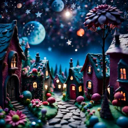 Detailed people, creepy street made of modeling clay, naïve, village, stars and planets, splimapys, sun, splops, volumetric light, giant flowers, naïve, Tim Burton, strong texture, st, orero dream, extreme detail, Max Ernst, decal, rich moody colors, sparkles, Harry Potter, bokeh, odd, sbuc