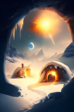 A village in the snow cave and two suns in space