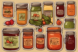 Stickers for a lakeside farmers' market "Good Spirit Market" in a national parks sticker style, featuring illustrations of home preserves.