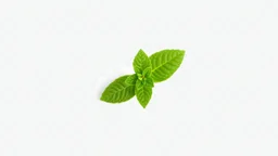 "A close-up of a single mint leaf in the center of image, against a pure white background."