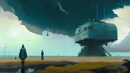 Oblivion calling, a science fiction painting, Denis Sarazhin, Alex Colville, Simon Stalenhag, ominous sky