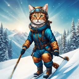 Hermosa ilustración steampunk coloreada arte lineal de un gato antropomorfico con traje de esquiador, esquiando en la nieve, calidad ultra, hiperdetallado,12k