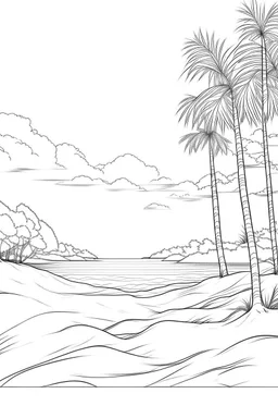 high resolution "realistic", 2D line art design, white background, detailed realistic "sandy beach with trees" clean sky, for coloring page, smooth vector illustration, monochrome,