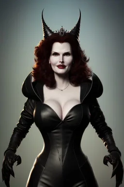 Geena Davis as evil queen in black leather, leather, busty, cleavage, angry, rage, stern look. character design by cory loftis, fenghua zhong, ryohei hase, ismail inceoglu and ruan jia. unreal engine 5, artistic lighting, highly detailed, photorealistic, fantasy