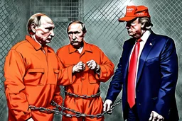 Foto Vladimir Putin und Donald Trump beide in orangenfarbenen Gefängnisoveralls und in Ketten