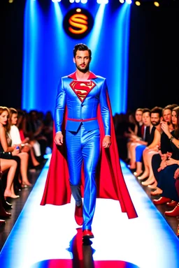 A guy on a fashion runway with Superman elegant Clothes