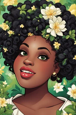 Create a expressionism cartoon art style image of a plus size black female looking down biting her lip with a smile on her face. Prominent makeup with hazel eyes. Highly detailed messy curly bun with a hair scarf tied on her head with large green jasmine flowers surrounding her. 2k