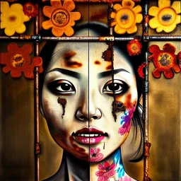 an abstract painting of rusted metal and flowers, beautiful smiling Yakuza Woman portrait, with fullbody japanese realistic tattoes, realistic,rust, scaffolding, iron cladding, decay, mixed media, textured, anatomically correct, beautiful perfect face, sharp focus, highly detailed by Johannes Vermeer 8k