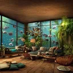 a gorgeous, stunning underwater livingroom with paned glass wall, dark wood floor, plants, stones, sofa and chairs, 8k resolution, high-quality, fine-detail, digital art, detailed matte, volumetric lighting, illustration, 3D octane render, brian froud, howard lyon, selina french, anna dittmann, annie stokes, lisa parker, greg rutowski, George Grie, Ben Goossens, Igor Morski