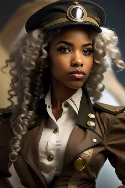 young mulatto girl, with wavy snow white hair dressed as a steampunk military officer