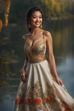 ((full shot body)) photo of the most beautiful artwork in the world featuring model, smiling, , High Detail, Sharp focus, dramatic, photorealistic, ultra sharp, ultra hd, hyper realistic, ultra realistic, ((((dress)))), trending on artstation, sharp focus, studio photo, intricate details, highly detailed, standing in nice pose in country side with river ,water fall ,rocky vally