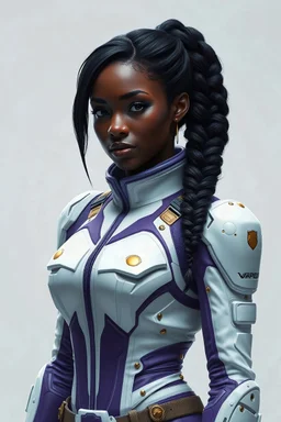 Make an image of a black woman with a singular braid of hair in a white and purple tactical suit that utilizes gold accents and has ghost elements to it and mechanical, make it less mechanical and more tactile and simple with more ghost/phantom vibes