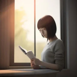 female student studying by the window, anime style,perfect face, cool face, unreal engine 5, cinema4d, sun light, studio lighting --ar 1:1 --v 4