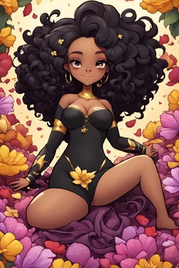 A sassy thick-lined comic book art cartoon black chibi girl lounging lazily on her side, surrounded by flower petals. She has a golden lion tail curling playfully behind her curvy body. Looking up coyly, she grins widely, showing sharp lion teeth. Her poofy hair forms a mane framing her confident, regal expression.