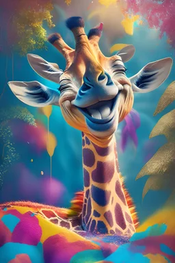 A smiling giraffe waking up from a nap in a colorful and magical jungel