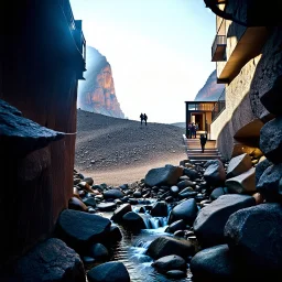 Fotografia iperrealistica di una spianata circondata da pareti di roccia chiara, con terreno argilloso e calcareo, e un piccolo un corso d'acqua che scorre su un letto di rocce scure. Su una parete di roccia si apre una finestra di un edificio che si trova all'interno della montagna, da cui alcune persone guardano il panorama. Su una parete a sinistra si aprono delle scale che scendono verso il torrente