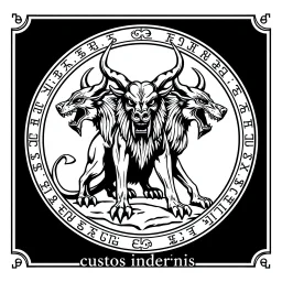 perro de 3 cabezas-cerbero estilizado antiguo con un marco elegante con runas y el nombre "cerberus custos infernis" en la base, todo en escala de grises, nada de color,