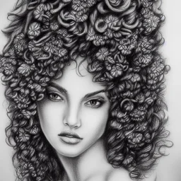 Detailed Charcoal drawing of beautiful woman with curly hair that morphs into flowers