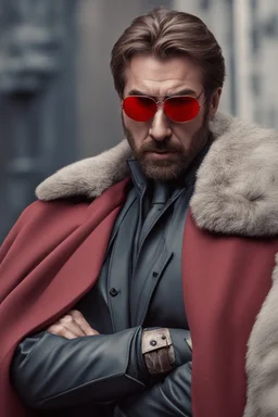 a young man with big muscles who looks like hans gruber wearing a heavy coat and red sunglasses staring with an irritated look on his face