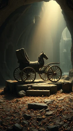 "ancient chariot without horse on a ruined altar, surrounded by tiny insect runes and chitin shards, underground city background, dramatic spotlight, 16:9, high detail, no humans."