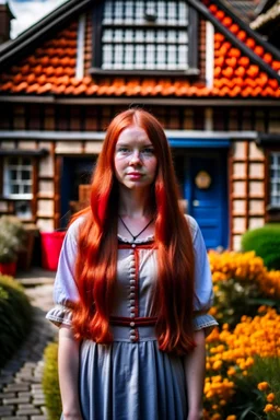 Full body and headshot of a slim young woman with long straight red hair, standing in front of a row of cottages and shops with thatched roofs