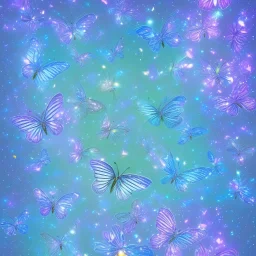 subtle transparent bright glitter blue butterfly, light, galactic, subtle flowers