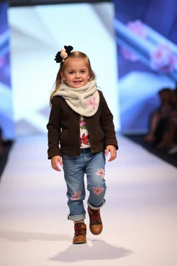 2 years old german baby girl with clothing like fashion model in runway with flowers